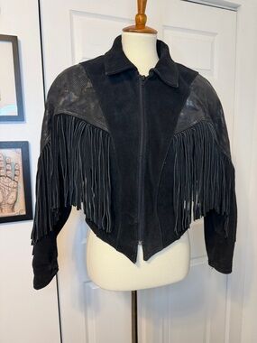 Vintage CHIA Suede Leather Fringe Jacket Cropped Western Snakeskin Shoulder